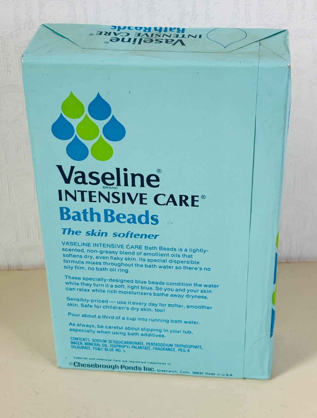 NOS VTG VASELINE INTENSIVE CARE BATH BEADS BLUE 15 OZ BOX MOVIE BEAUTY PROP