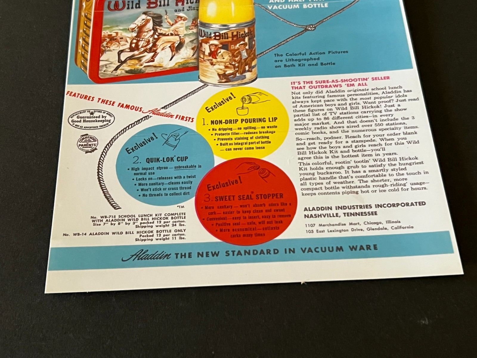 1955 Aladdin Wild Bill Hickok & Jingles School Luch Kit In store Display Sign-