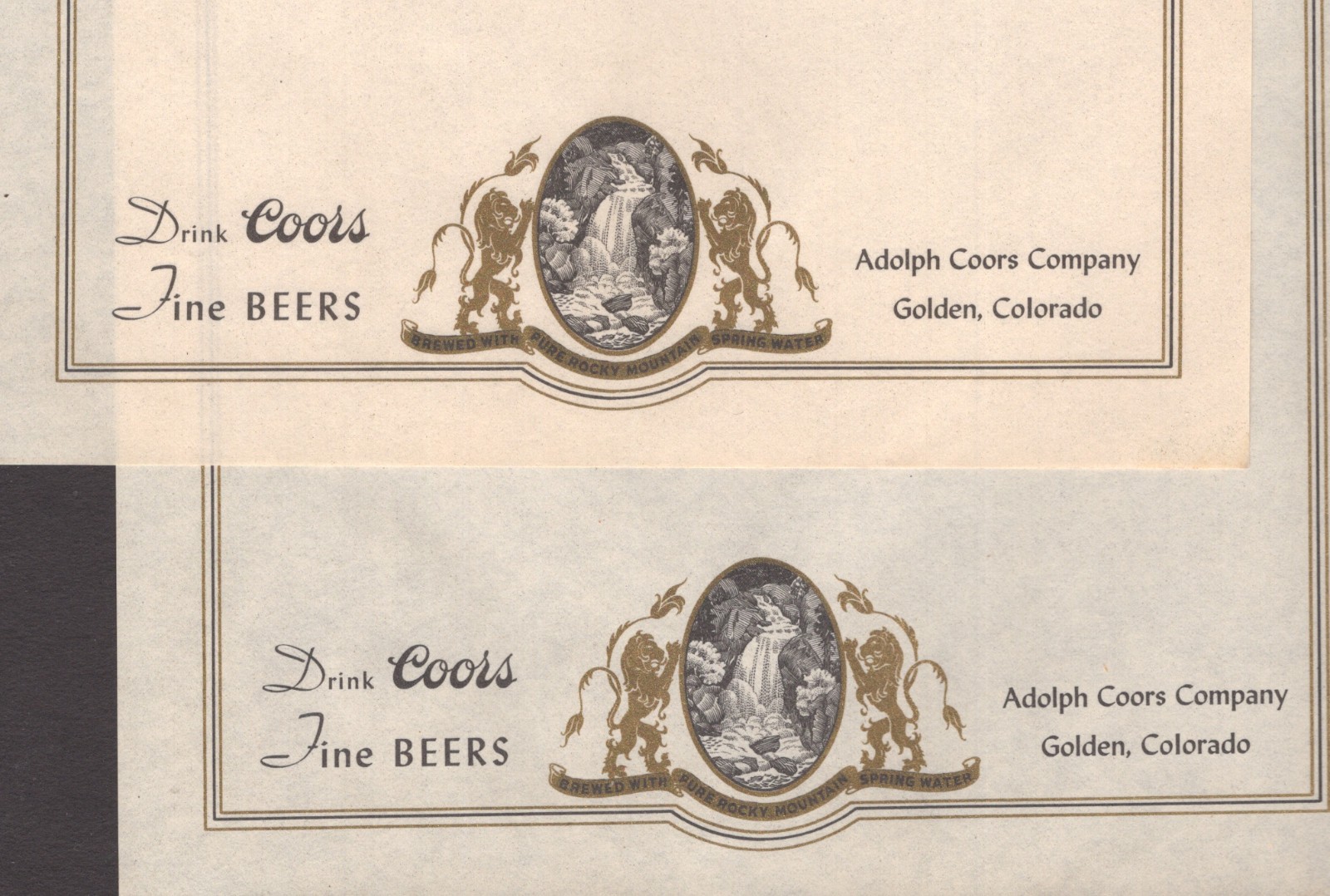 2 VERY OLD COORS BREWERY RESTURANT MENUS* UNUSED ORIGINAL * MINT CONDITION C7777