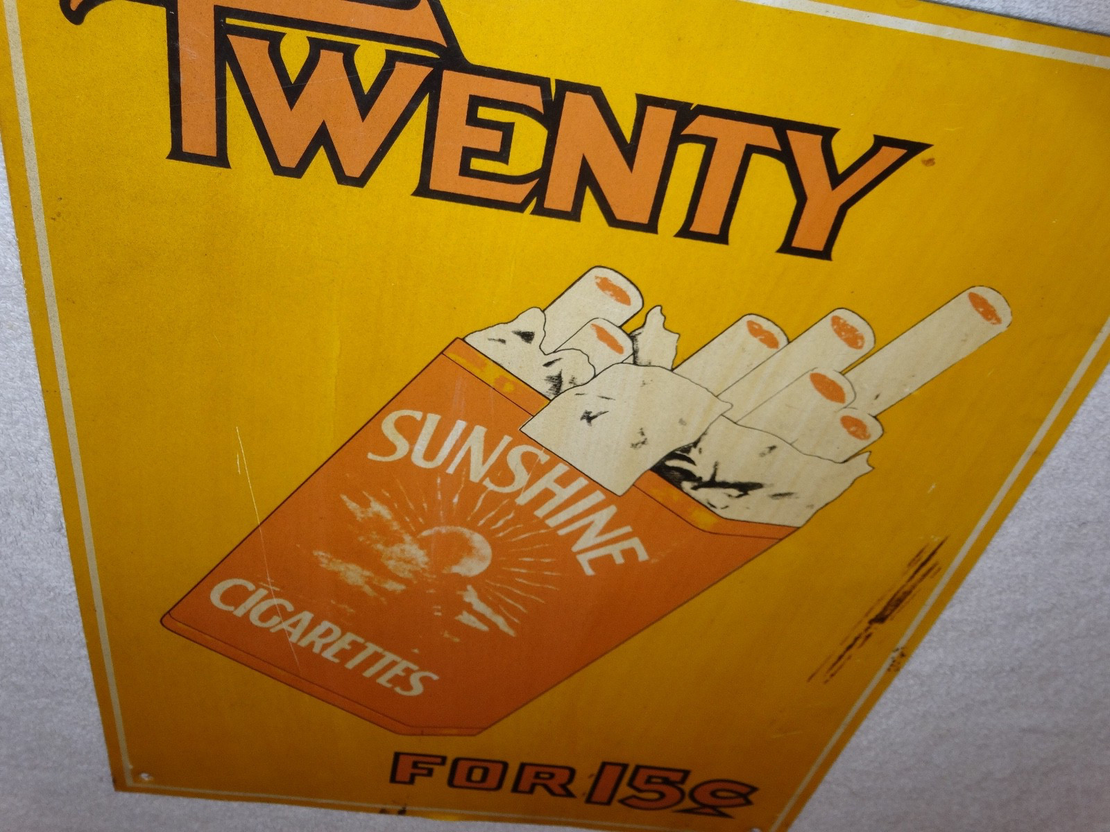 VINTAGE TWENTY SUNSHINE CIGARETTES FOR 15 CENTS 18″ X 13 3/4″ METAL TOBACCO SIGN