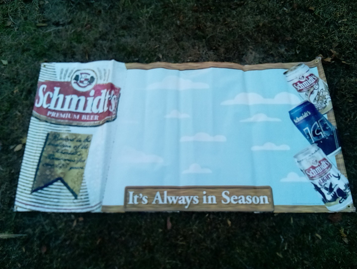 Vintage 1998 Schmidts Beer Bar Event Advertising Banner Sign “Always In Season”