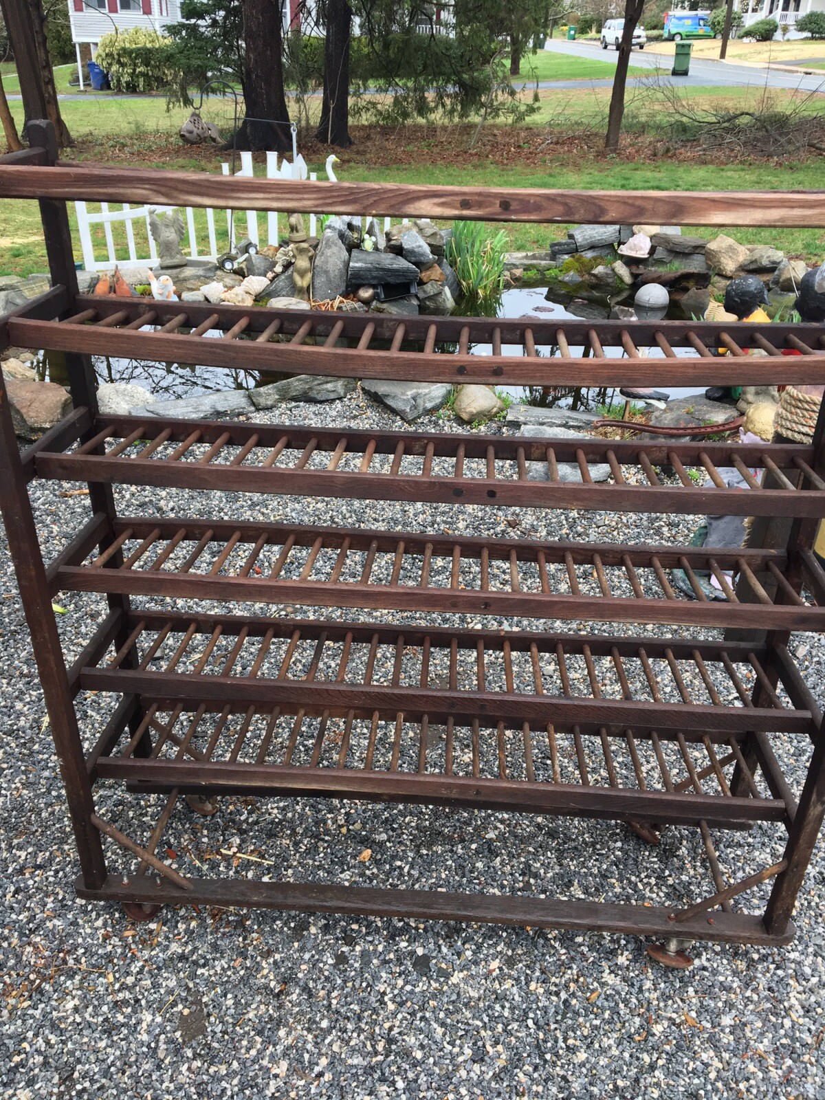 ANTIQUE SHOE RACK DISPLAY OAK WOOD CASTERS