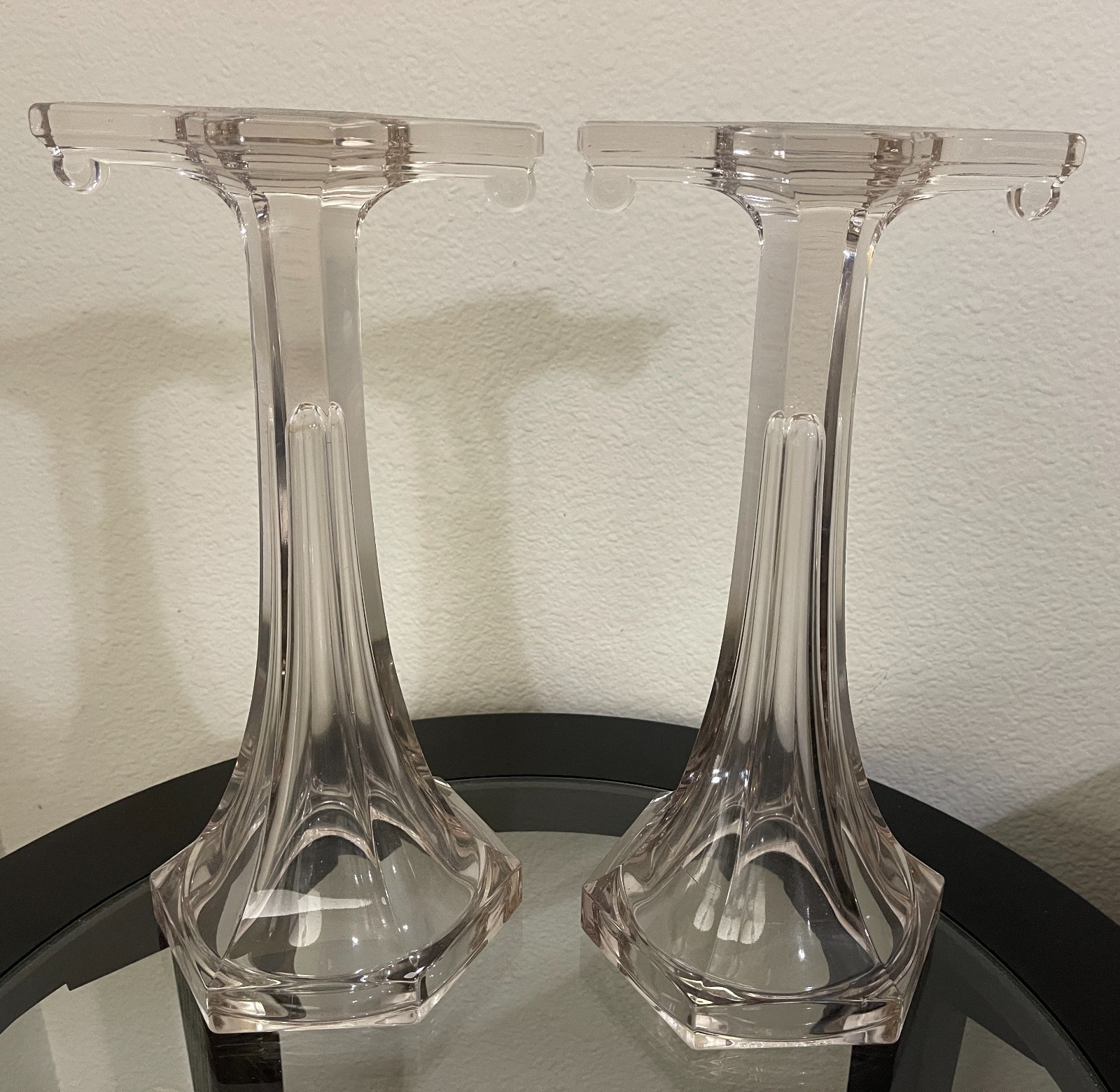 2 Vintage Art Deco Elegant Glass Shelf Risers Display Column Stands 12 1/4″ H