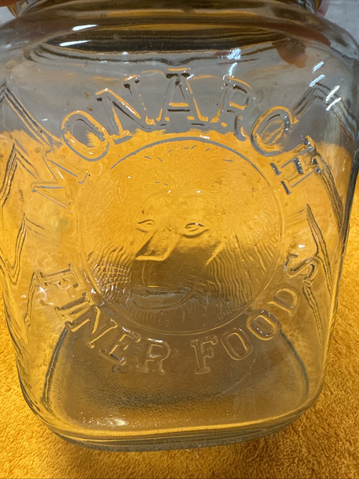 N• Vintage Large Embossed Lions Head Monarch Finer Foods Jar Kitchen Canister