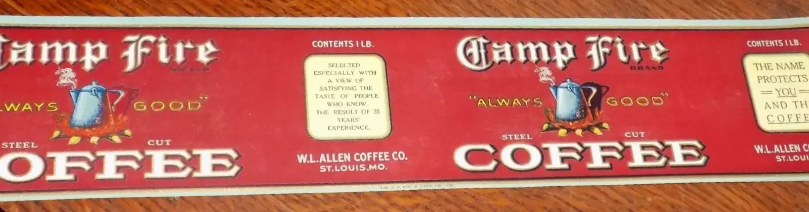 Antique Vintage Camp Fire Coffee Paper Can Label Allen Co St Louis Mo 17″ x 3.5″