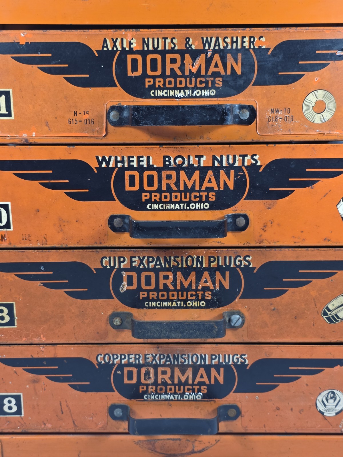 VTG Dorman Auto Parts Bin 4 Drawer Cabinet Counter Orange Tool Organizer