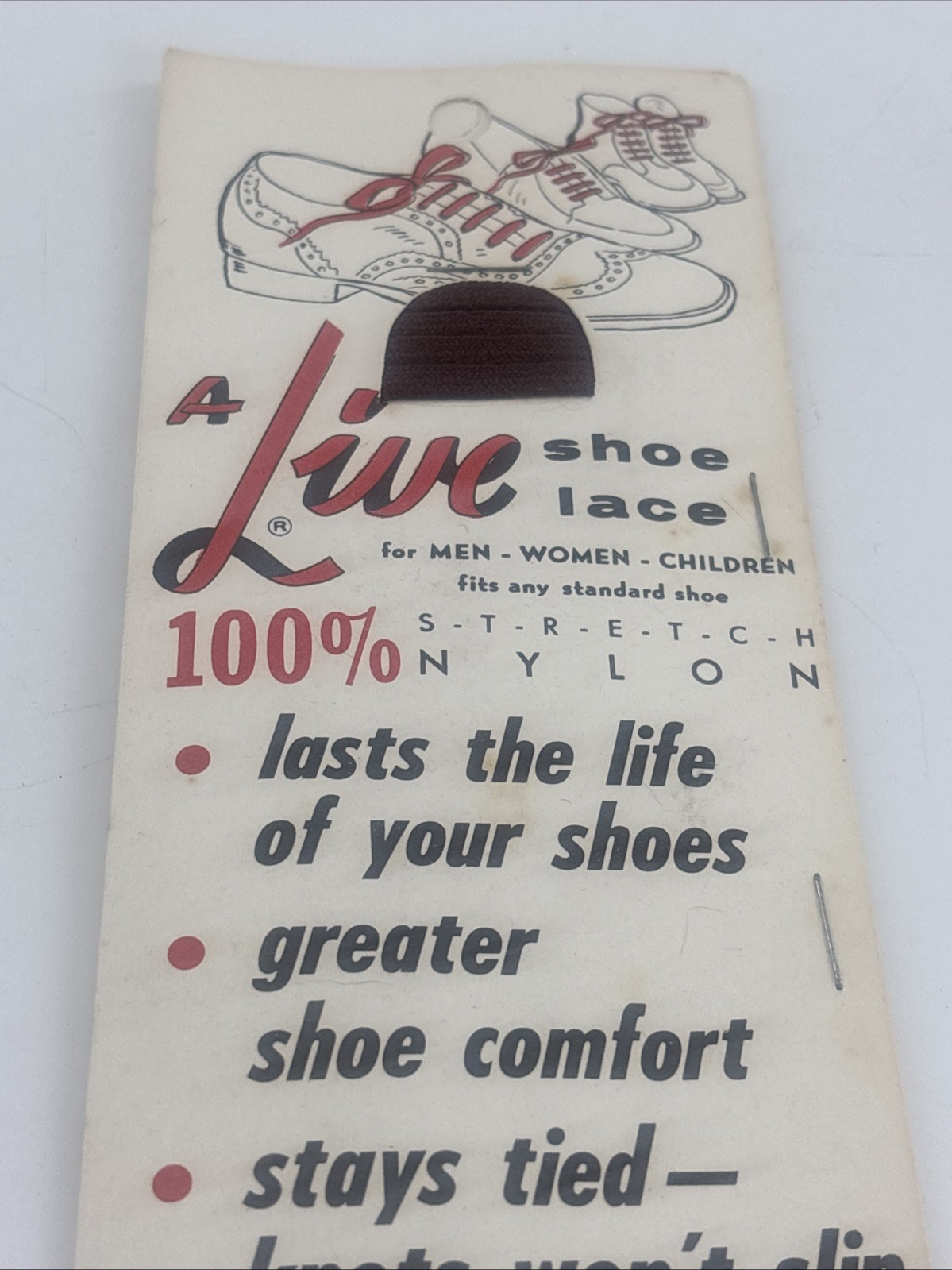 Vintage A-Live Shoelace Display Card Pepperell 1960s USA Advertising Burgundy