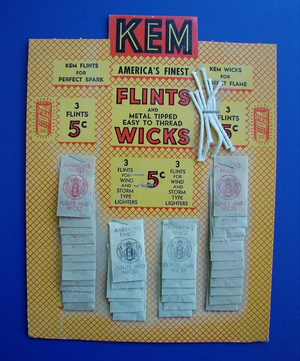 VINTAGE 1940’S KEM AMERICAS FINEST FLINTS & WICKS 36 PACK NOS STORE DISPLAY