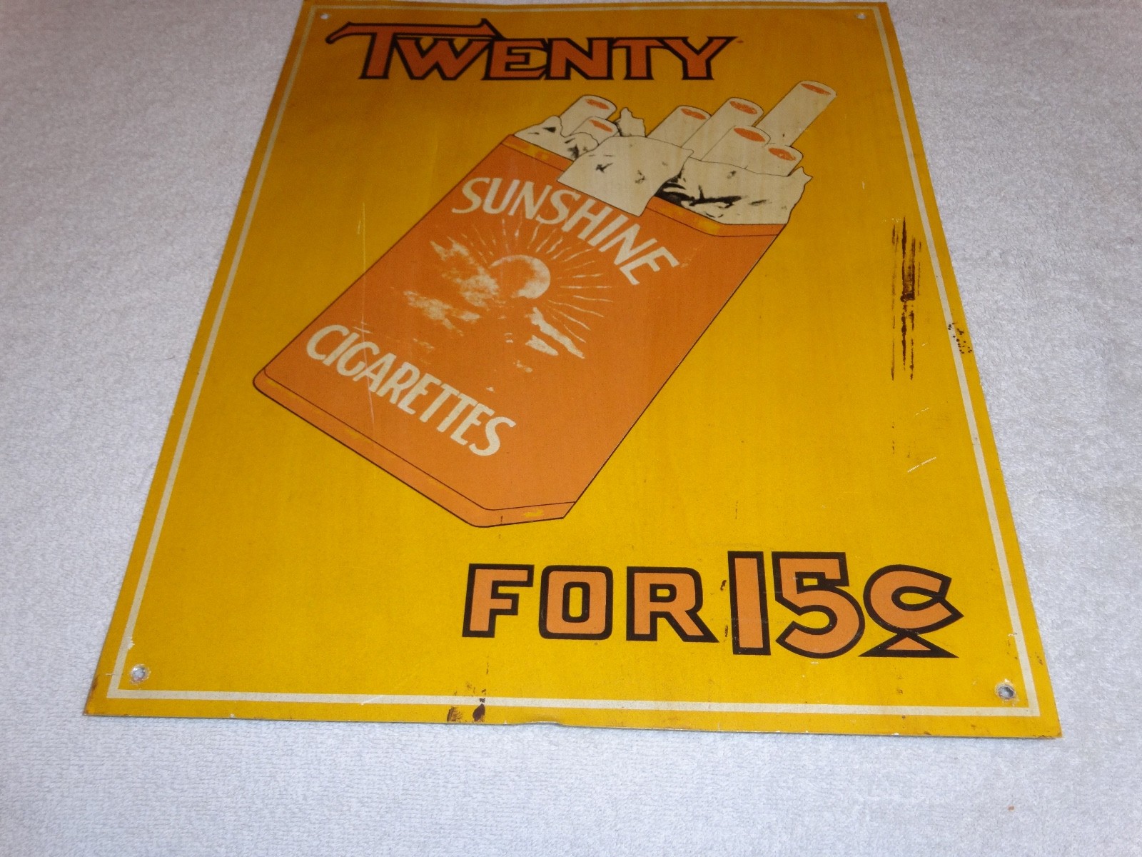 VINTAGE TWENTY SUNSHINE CIGARETTES FOR 15 CENTS 18″ X 13 3/4″ METAL TOBACCO SIGN