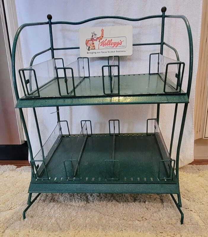 VTG ORG Kellogg’s Cereal Store Display Rack Green Metal Countertop Stand Retro