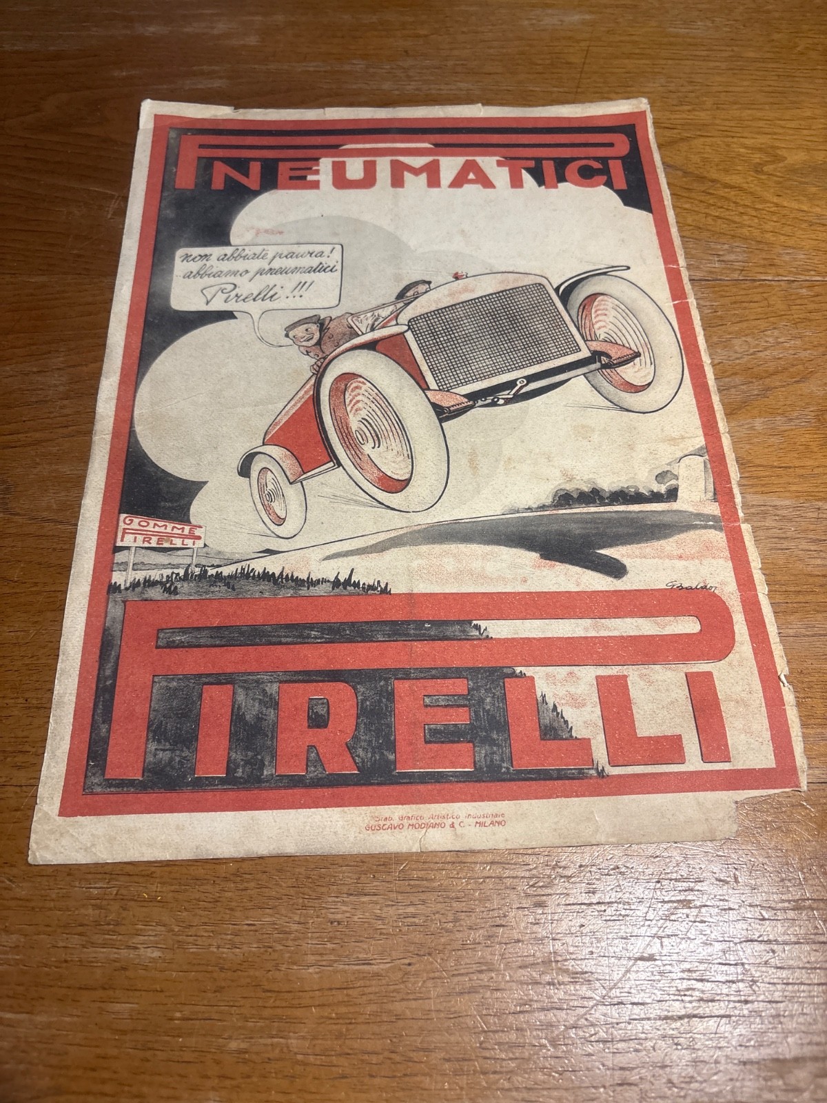 Advertising carton Pirelli tyres-Pirelli tyres-signed Gsaldor 1920s