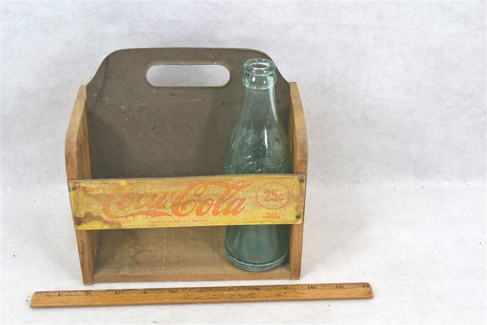 antique 1940 yellow wood 6 pack coca cola carry box tray 8×5 original 6 for 25