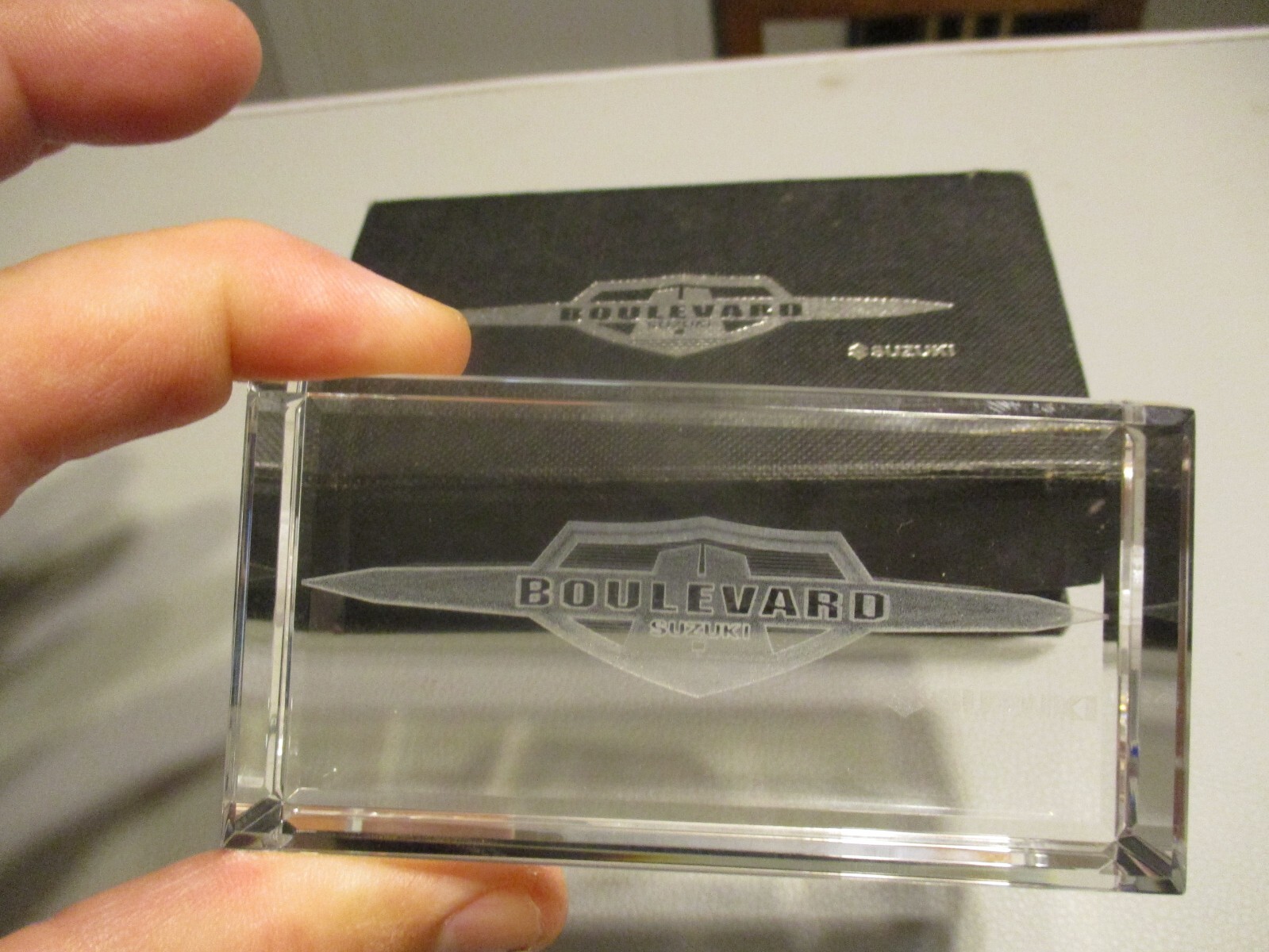 BOULEVARD SUZUKI PROMO GLASS DESK DEALER AWARD PAPERWEIGHT IN DISPLAY BOX L.E.