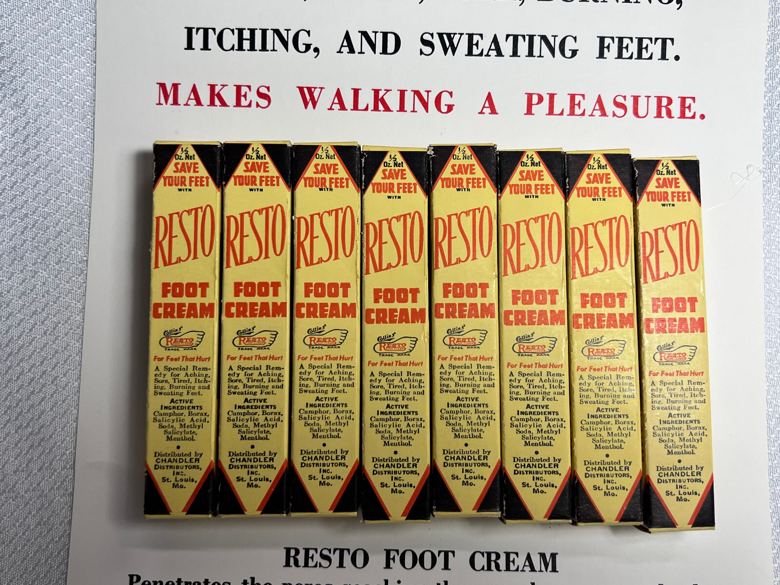 Vtg Resto Foot Cream 8 Empty Packs On Display Point Of Sale Board Chandler Dist.