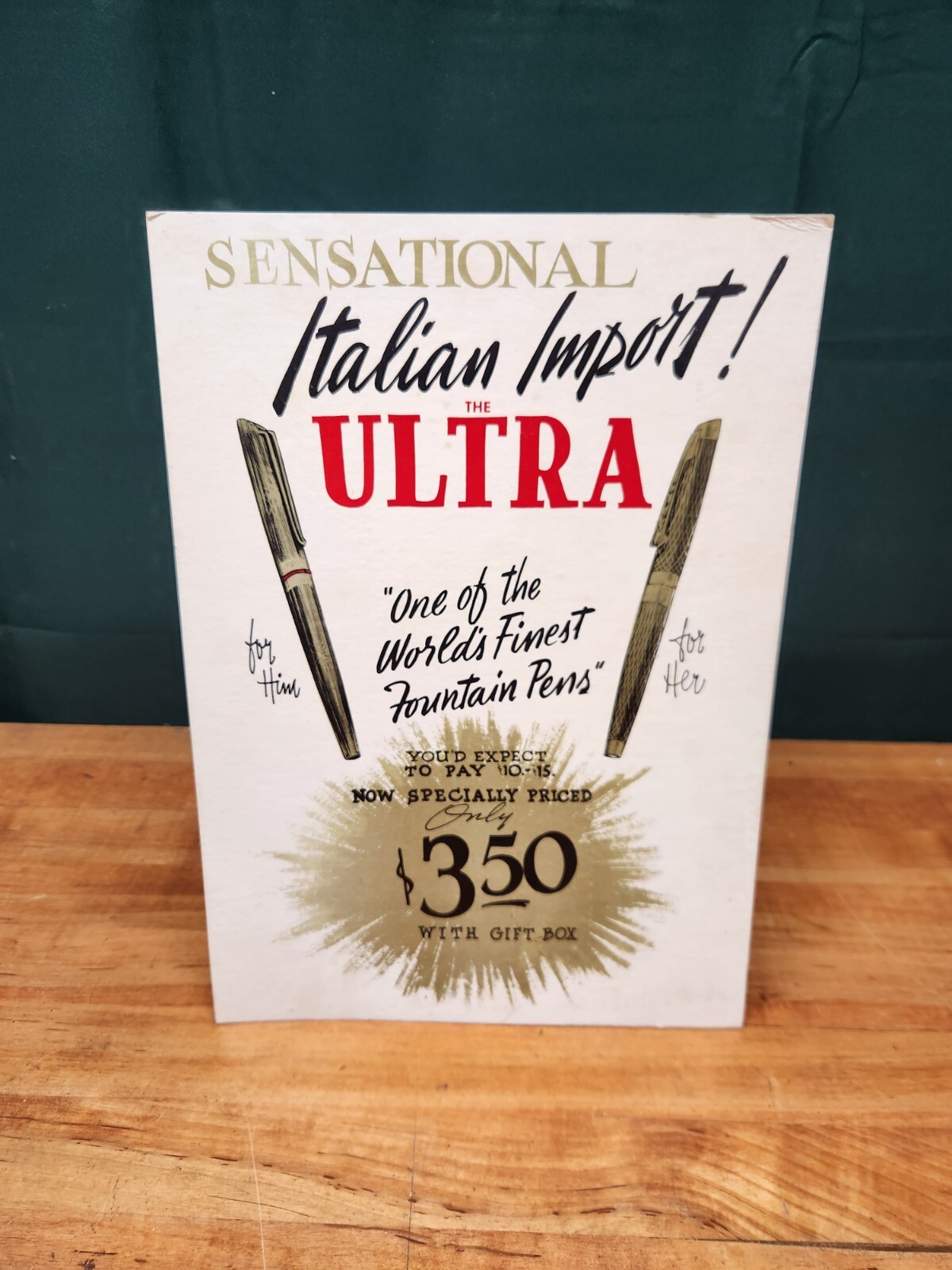 Vintage Ultra Fountain Pen Sign Store Display Cardstock Italian Import Easel