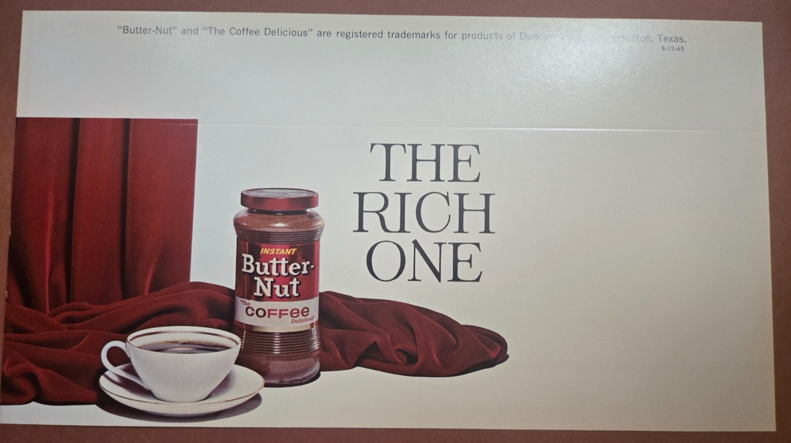 1965 Butter-Nut Coffee “The Rich One” Cardboard Store Display Sign NOS