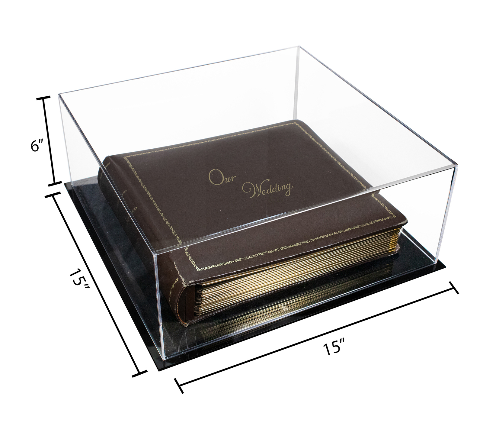Clear Acrylic Photo Album Display Case with Black Base 15″ x 15″ x 6″ (A030A)