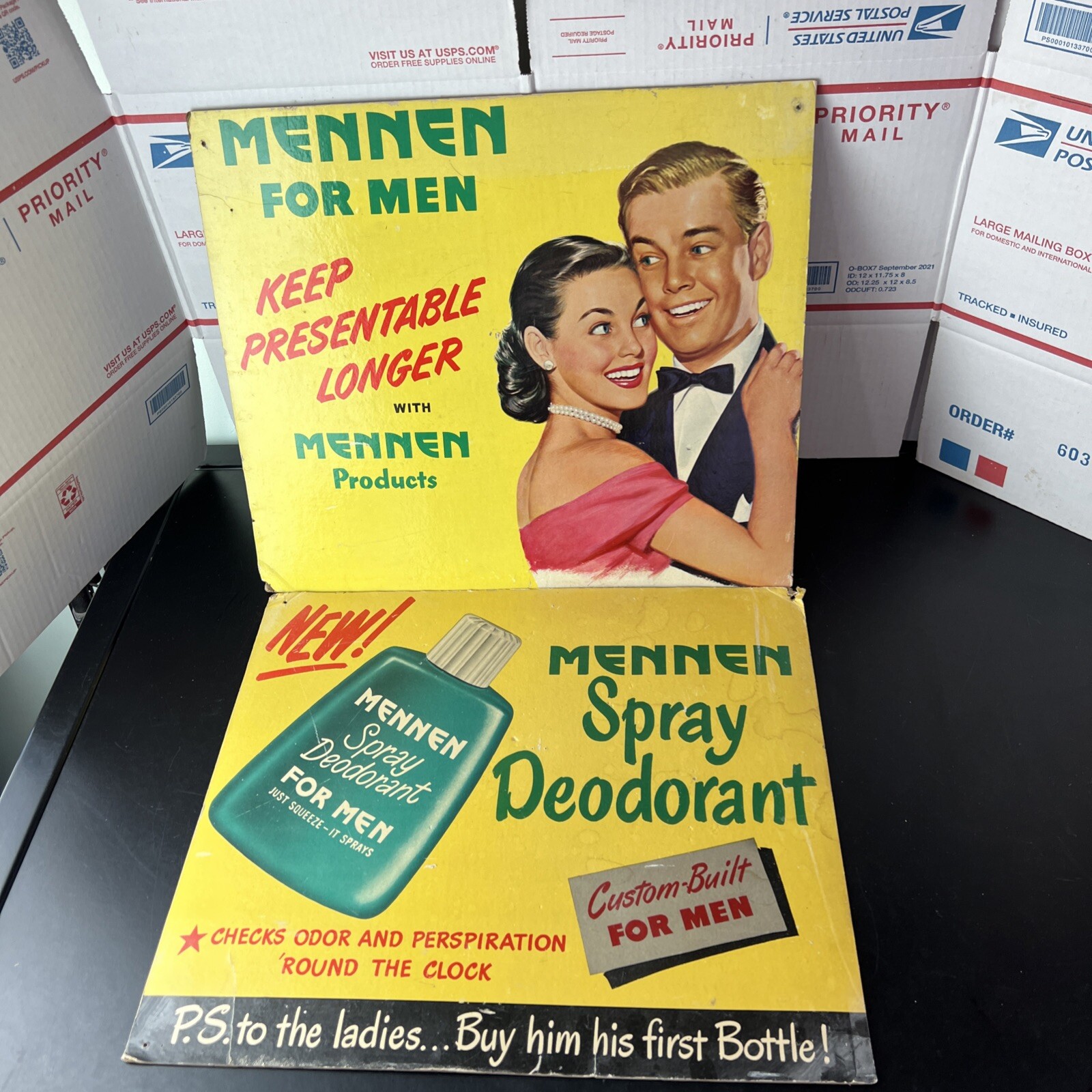 VTG Lot of 2 Mennen Cardboard Advertising Store Signs Deodorant