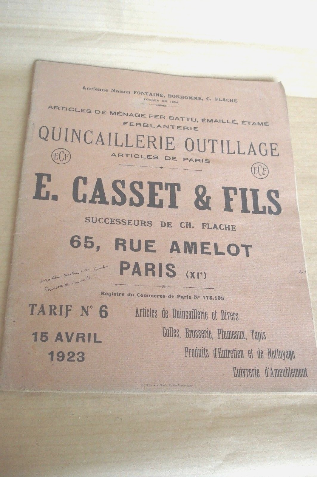 1923 CATALOG CHINCAGLIERIE E.CASSET & FILS PARIS TOOLS WROUGHT IRON TOOLS