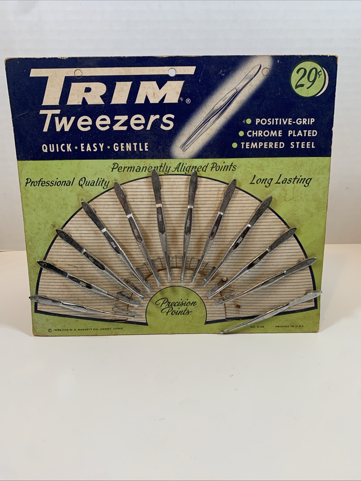 Vintage Trim Tweezer Countertop Display 2 Sided, 15 Tweezers Total 1958