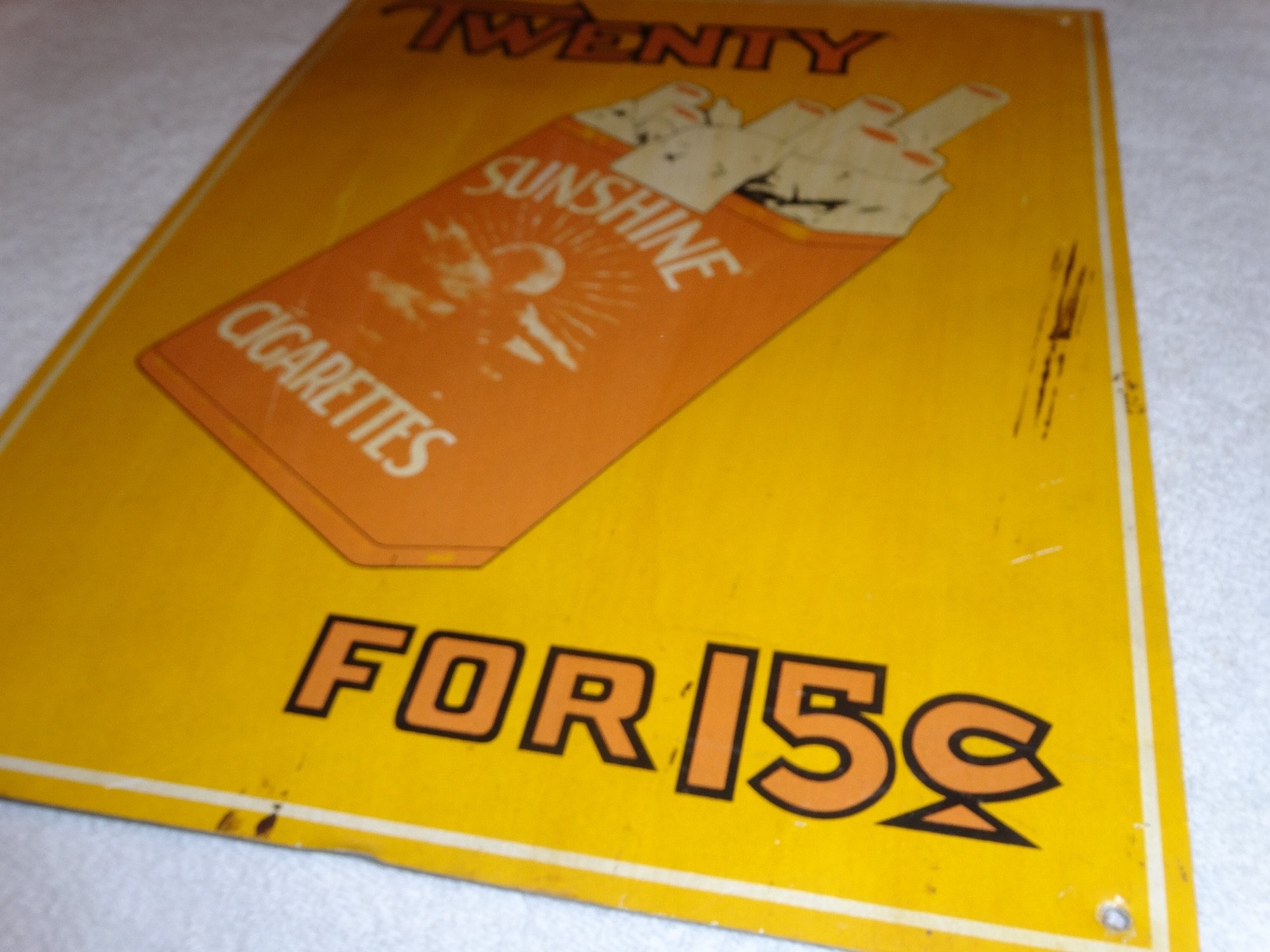 VINTAGE TWENTY SUNSHINE CIGARETTES FOR 15 CENTS 18″ X 13 3/4″ METAL TOBACCO SIGN