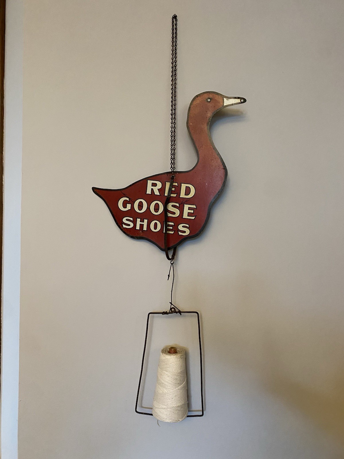 Old RED GOOSE SHOES String Dispenser Hanging Sign Display Vintage Advertising