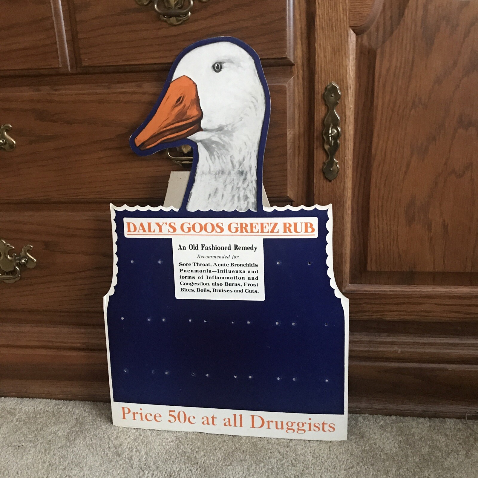NICE VINTAGE DIE CUT STORE DISPLAY DALYS GOOS GREEZ RUB SIGN, EASEL BACK 21-1/2