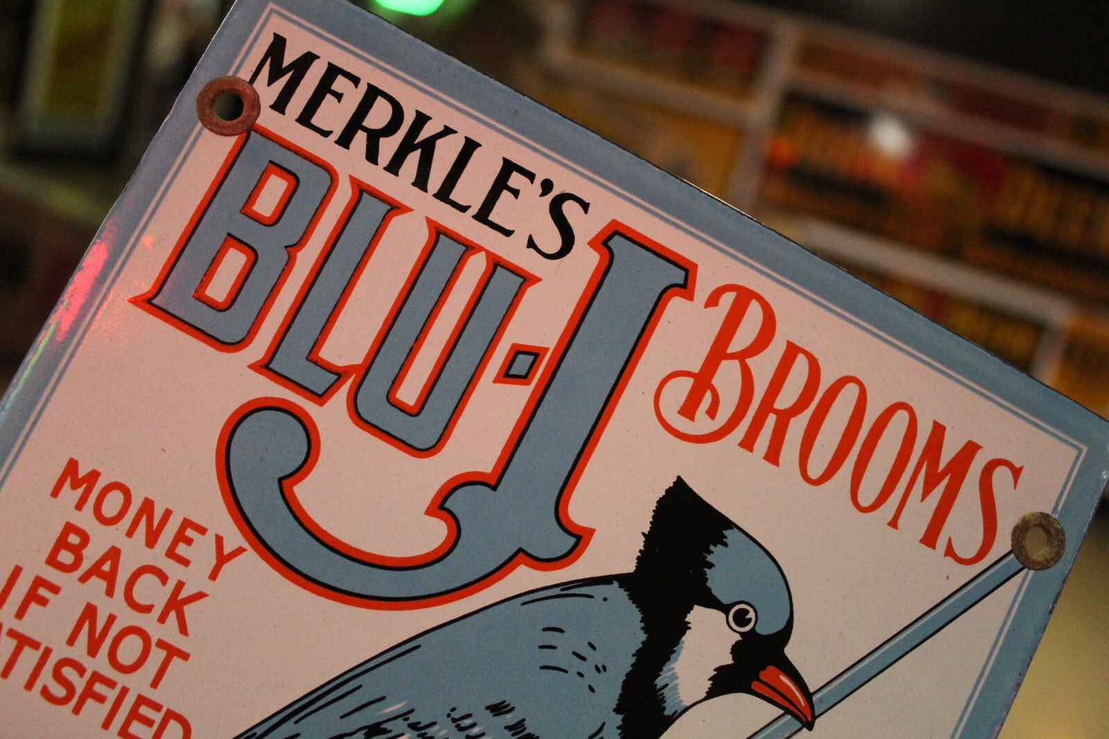 RARE MERKLE BLU-J BROOM DEALER PORCELAIN METAL SIGN BIRD CLEANING HARDWARE STORE