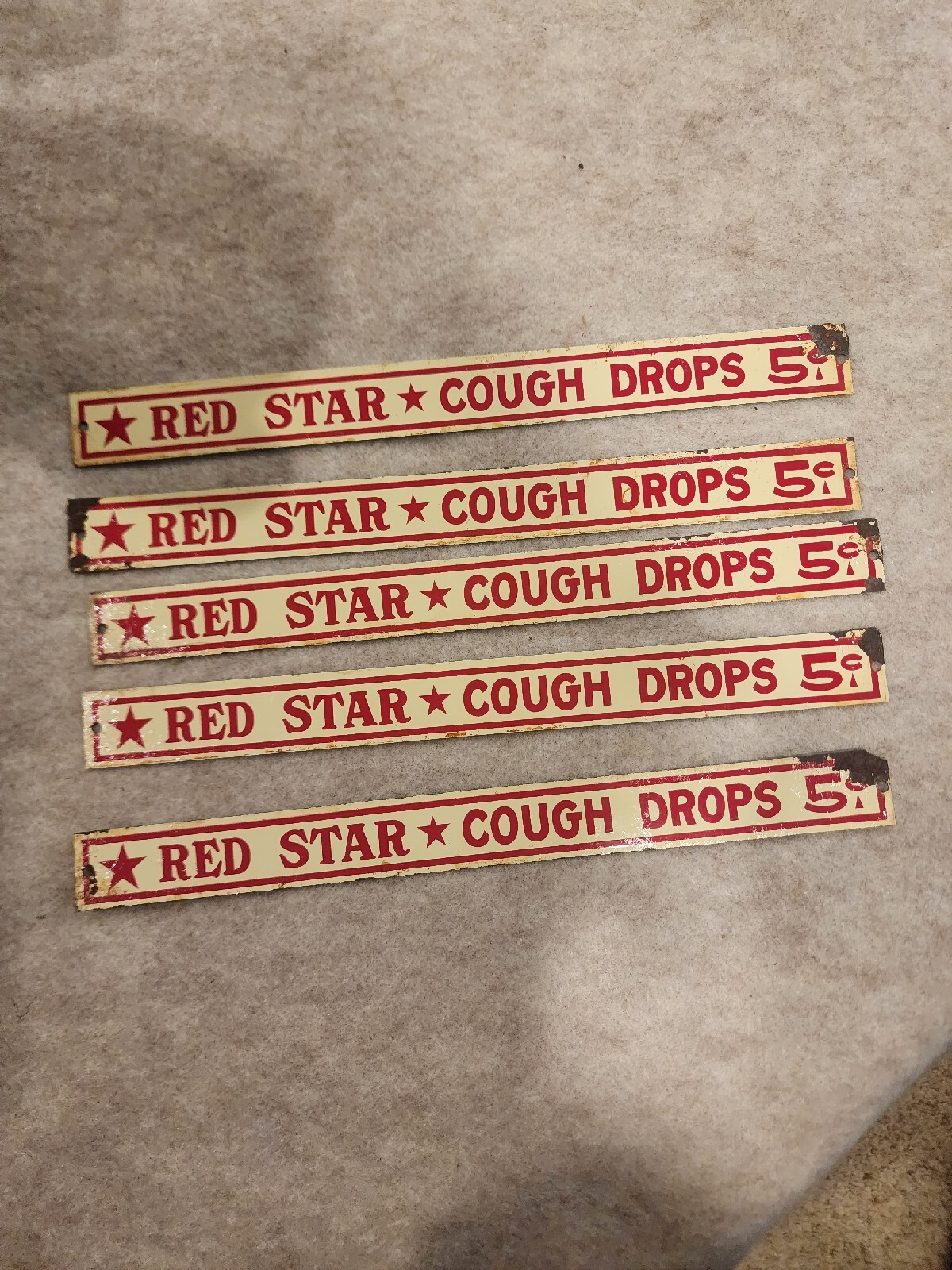 RARE VINTAGE Red Star Cough Drops 5 Cents Metal Shelf Tag Advertising Sign 1950s