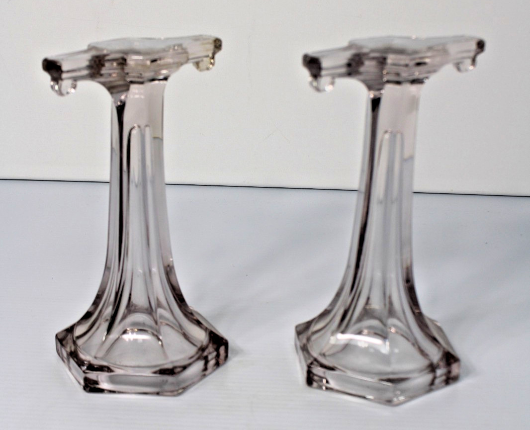 Antique Clear Glass Shelf Risers, Pedestals, Store Display Columns Pair 9″H