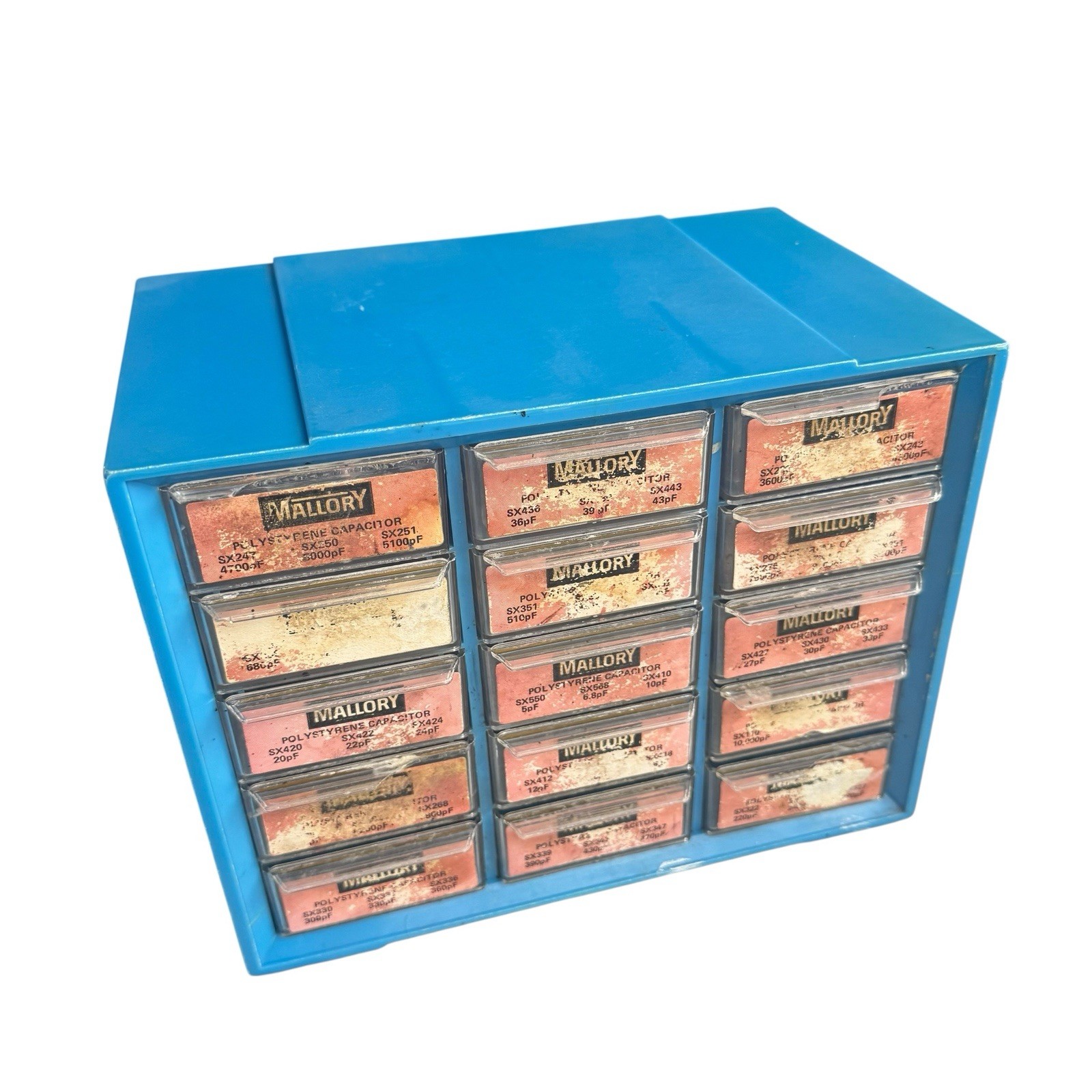 Vtg Mallory Electrical Capacitor Blue Multi Drawer Storage Cabinet Drawers USED