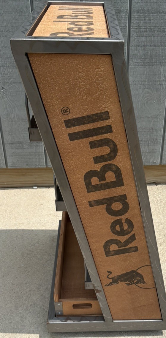 RED BULL – RETAIL DISPLAY SHELF – WOOD AND BRUSHED METAL UNIQUE **BRAND NEW**