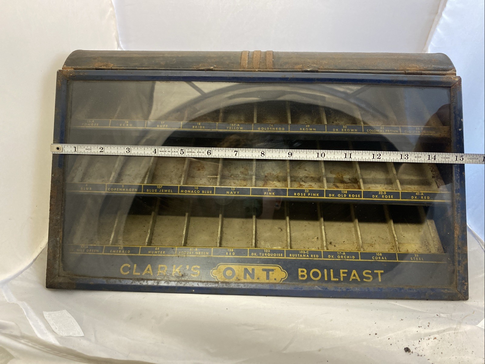 Vintage Clark’s O.N.T. Boilfast Thread Countertop Cabinet Lifting Glass Display