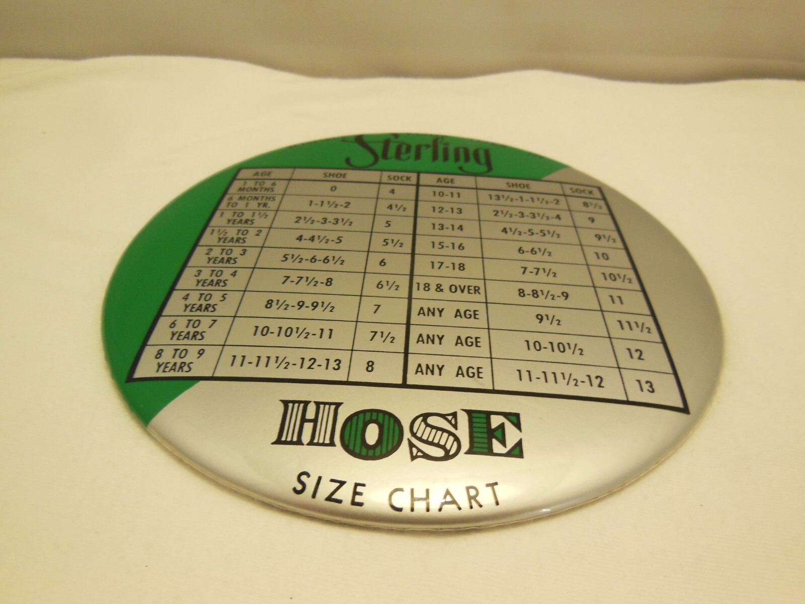 STERLING CELLULOID HOSIERY SIZE CHART STORE COUNTER DISPLAY HANG OR EASEL BACK