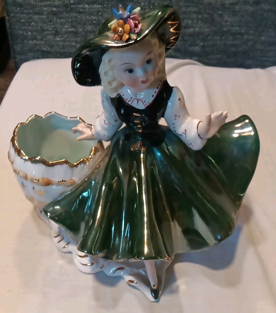 G.Guardi Italy Orange Capodemonte Girl Green Planter Figure …14…