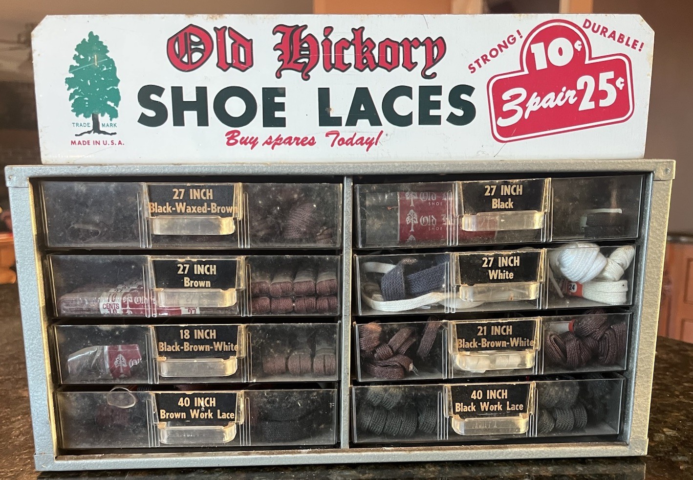 VTG Old Hickory Shoe Laces 8 Drawer Metal Countertop Display Advertising W/Laces