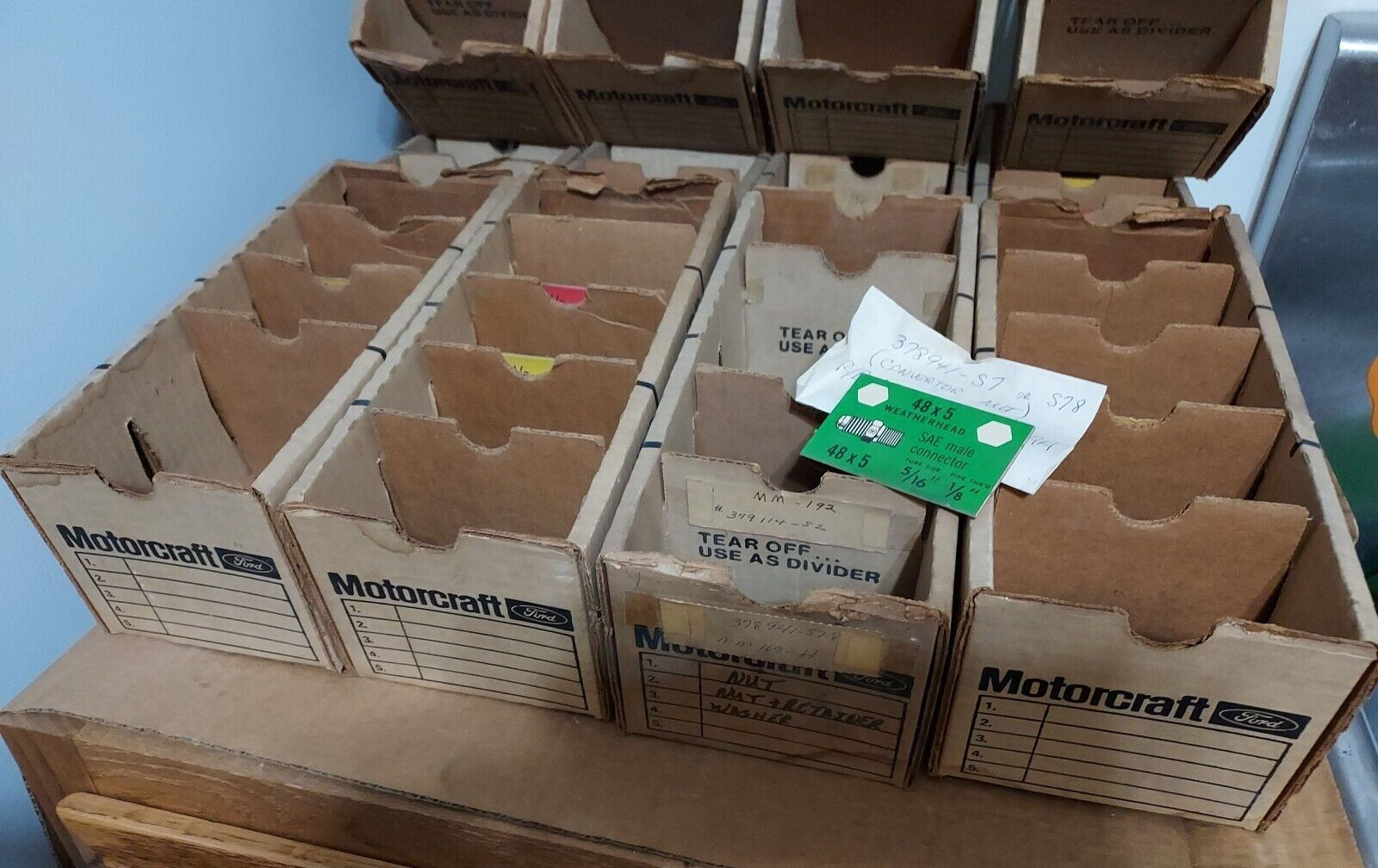 12 VINTAGE MOTORCRAFT AUTOMOTIVE PARTS CARDBOARD STORAGE DISPLAY BINS 11x5x4″