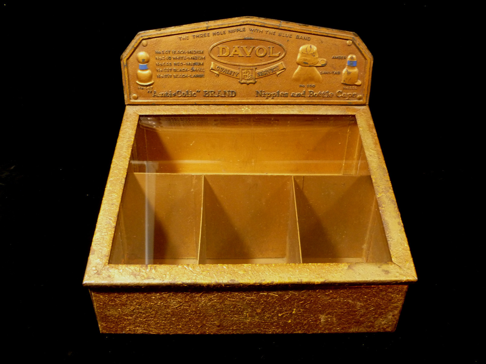 DAVOL NIPPLES & BOTTLE CAPS COUNTER TOP ADVERTISING PRODUCT DISPENSER CIRCA 1920