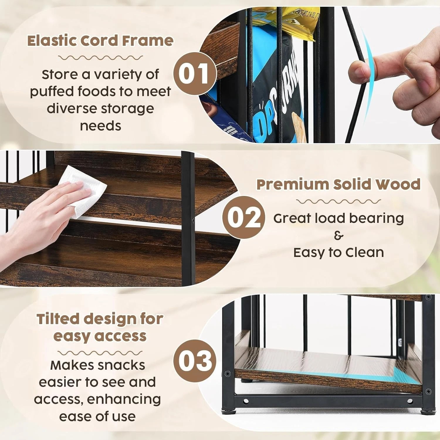 Rustic Wood & Metal Snack Organizer 4-Tier Display for Kitchen & Retail Spaces