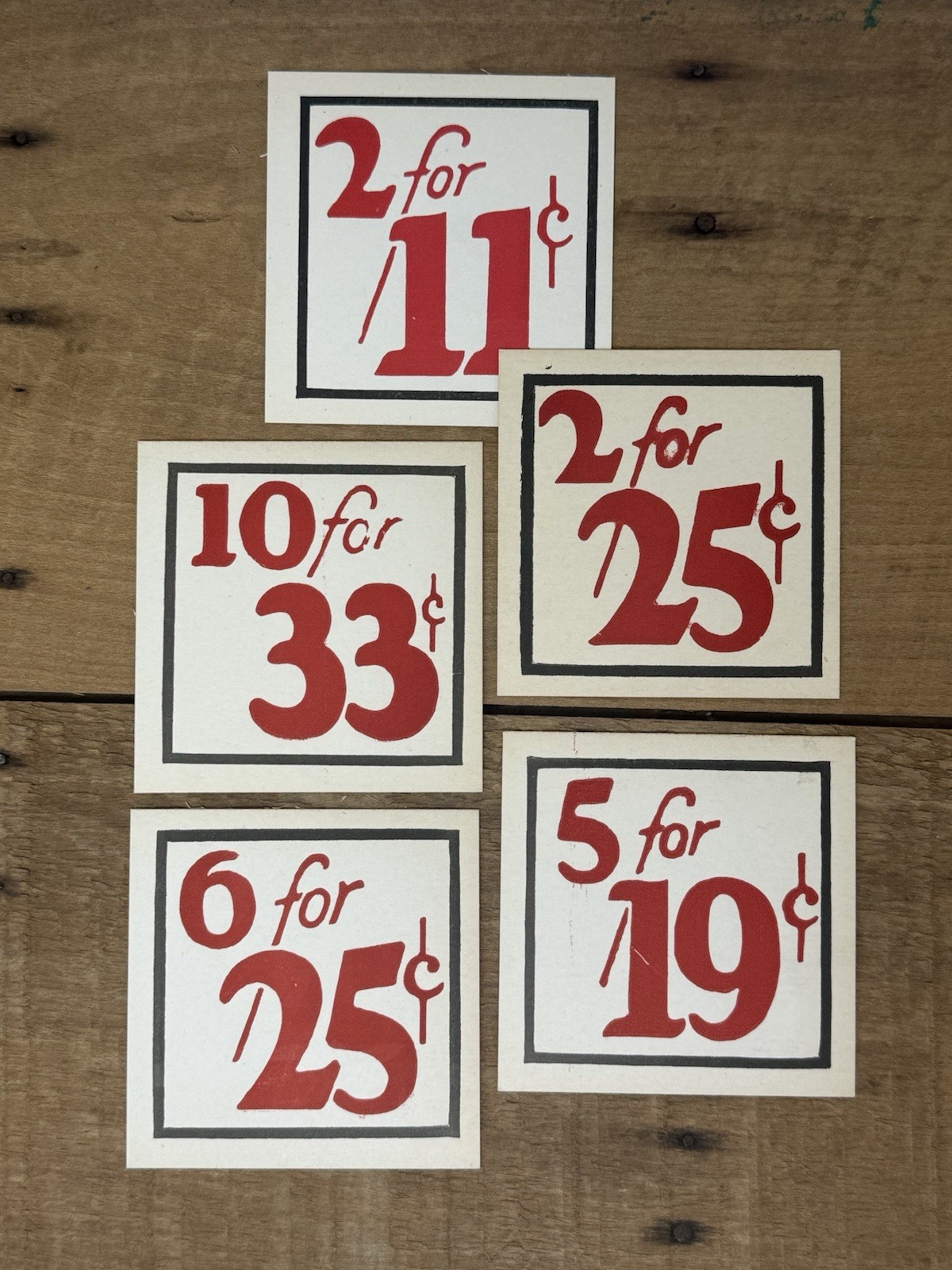 5 Vintage NOS Country General Store Display Price Tag 2.75″ X 2.75″ Red & Black