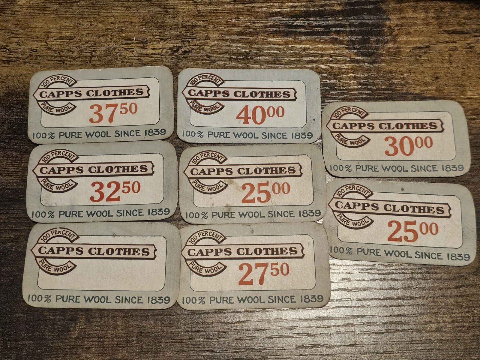 Lot Of 8 Vintage CAPPS Wool Clothes Price Tag Tickets