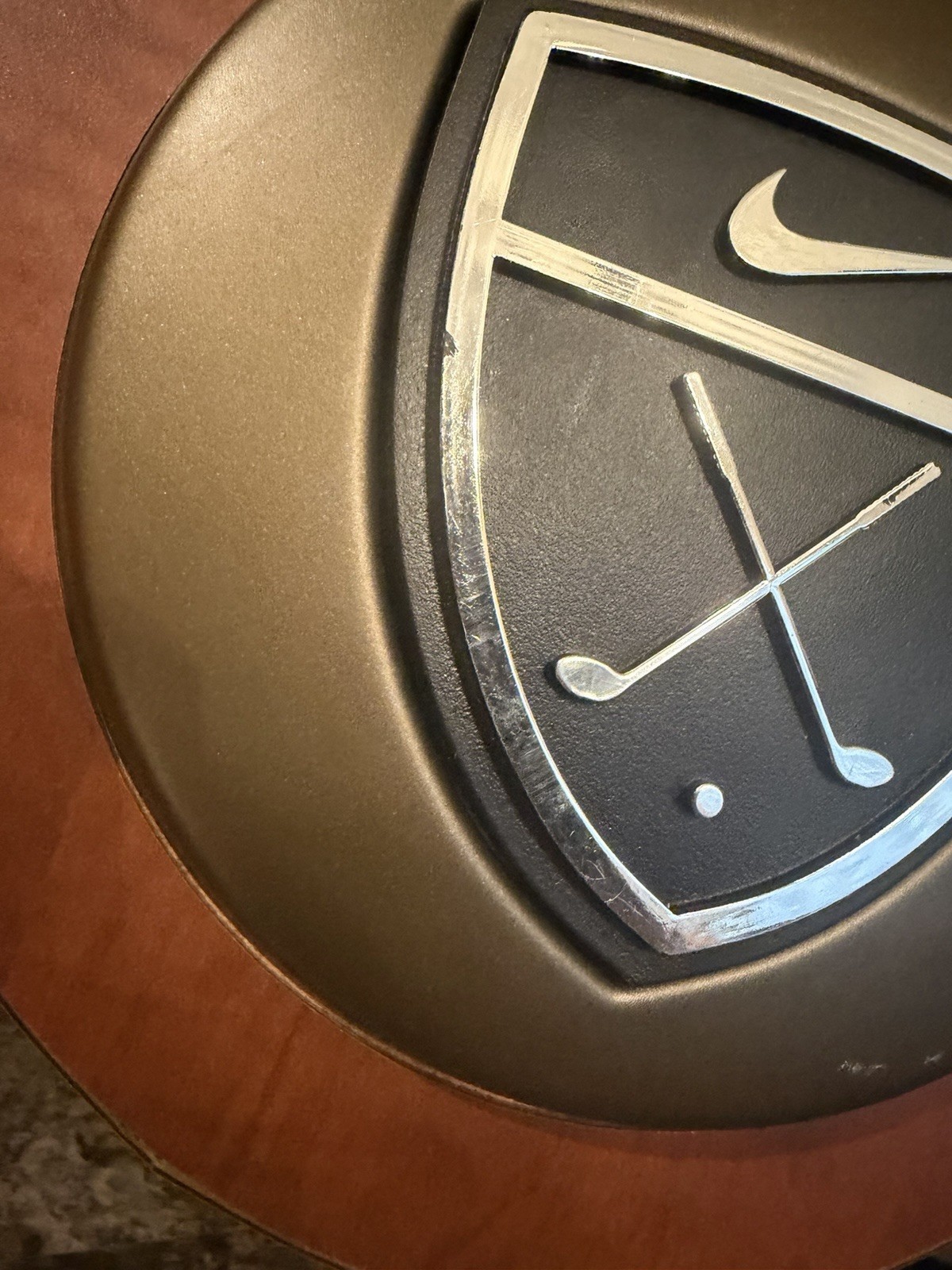 Nike Tabletop Retail Store Display Sign Swoosh & Clubs Wood Sign Metal Base Golf