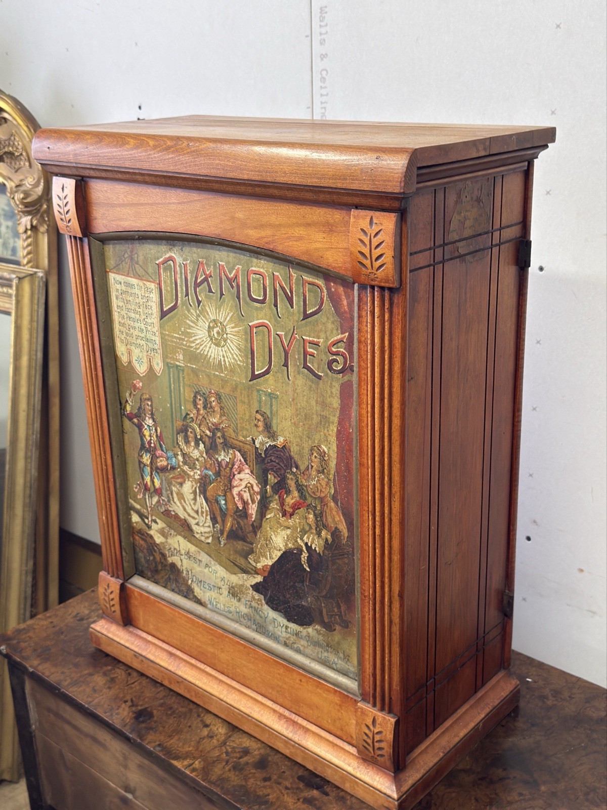 Diamond Dyes Display Cabinet – Antique Tin Litho country Store rare jester