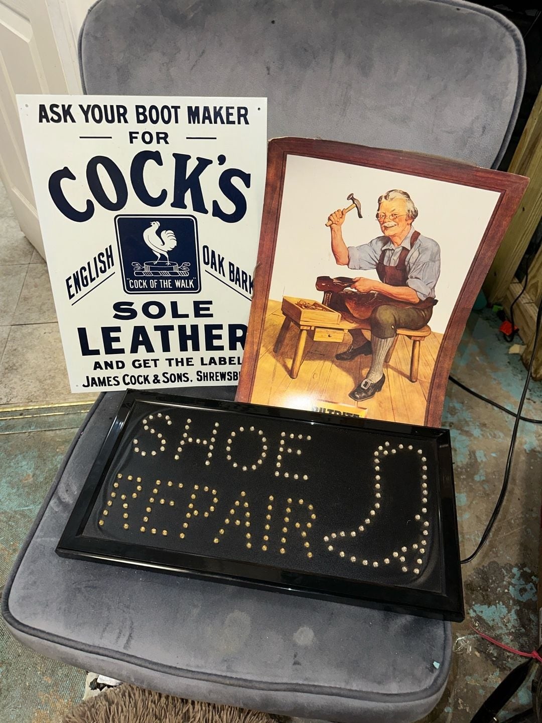 Set of 3 Shoe Repair Advertising Decor: LED, Biltrite Standee, James Cock