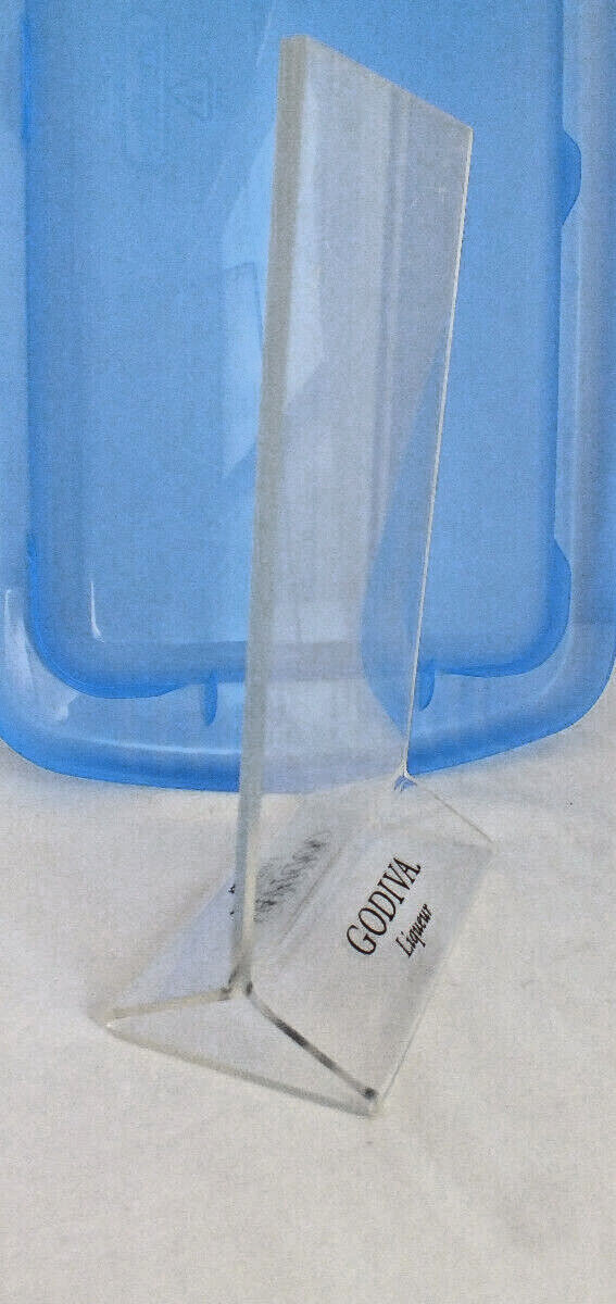 GODIVA LIQUEUR Clear LUCITE plastic display stand vintage 7″ tall 4″ wide bar