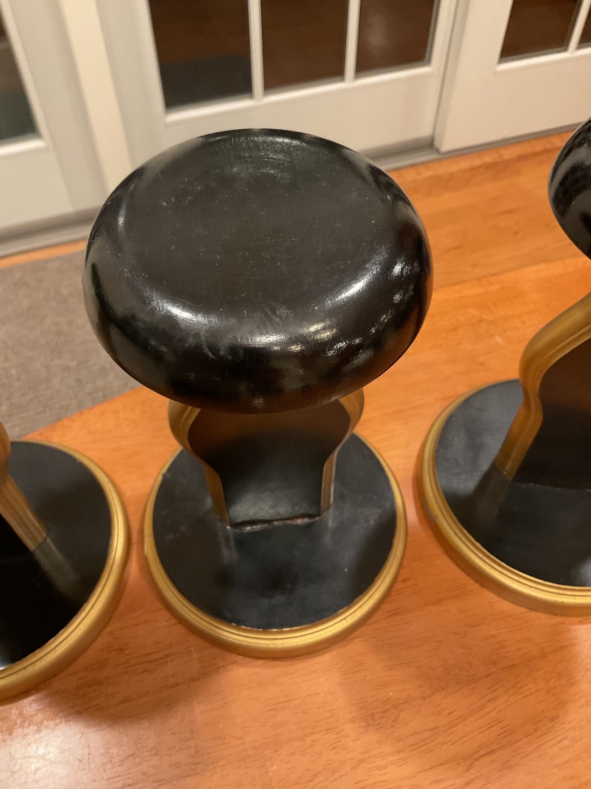 3 HOLLYWOOD REGENCY WOODEN BLACK & GOLD HAT /WIG DISPLAY STANDS – NO MONOGRAM