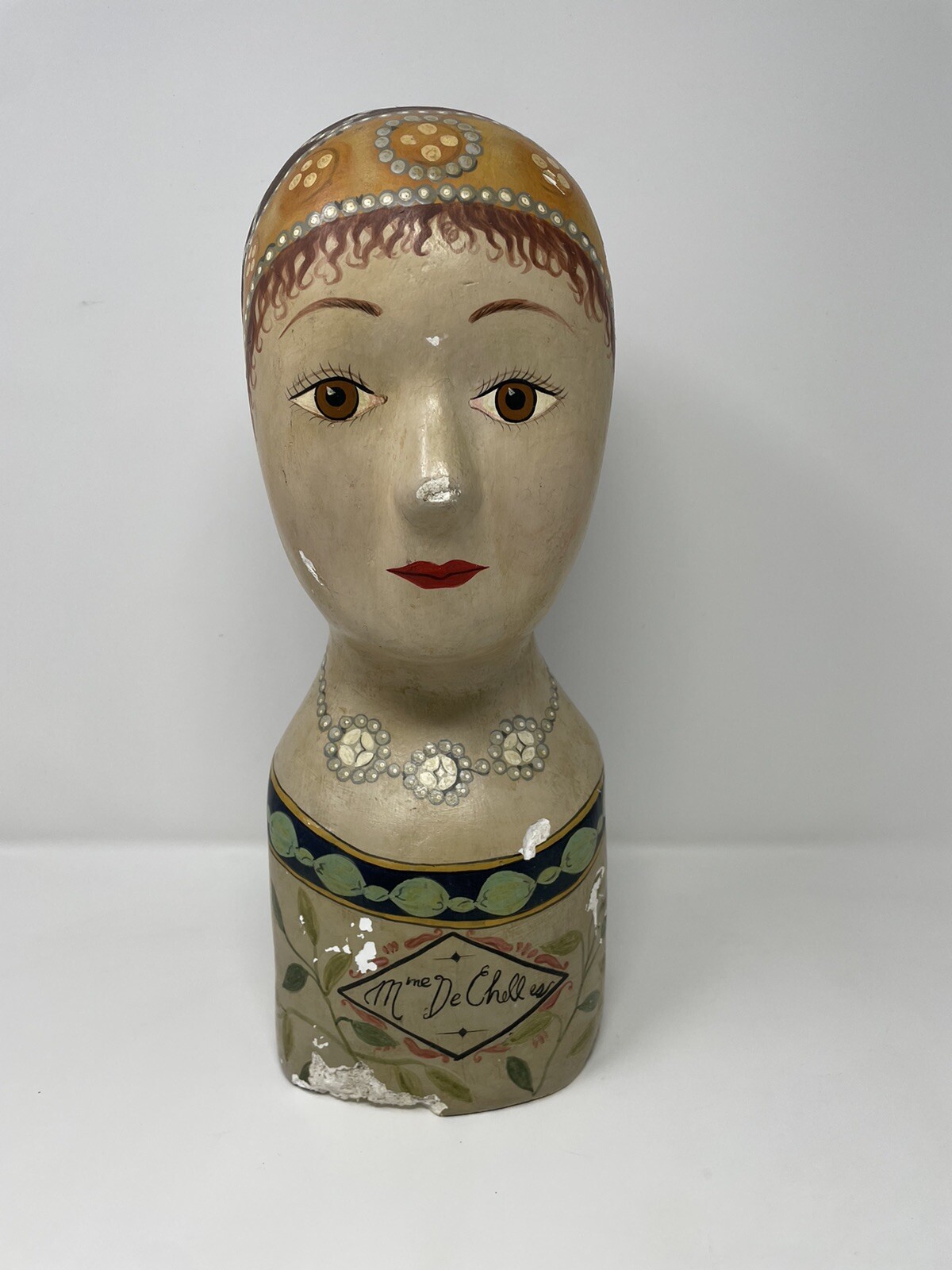 Vintage Hand Painted Millinery Plaster Head- Mme De Chelles French Display HATS