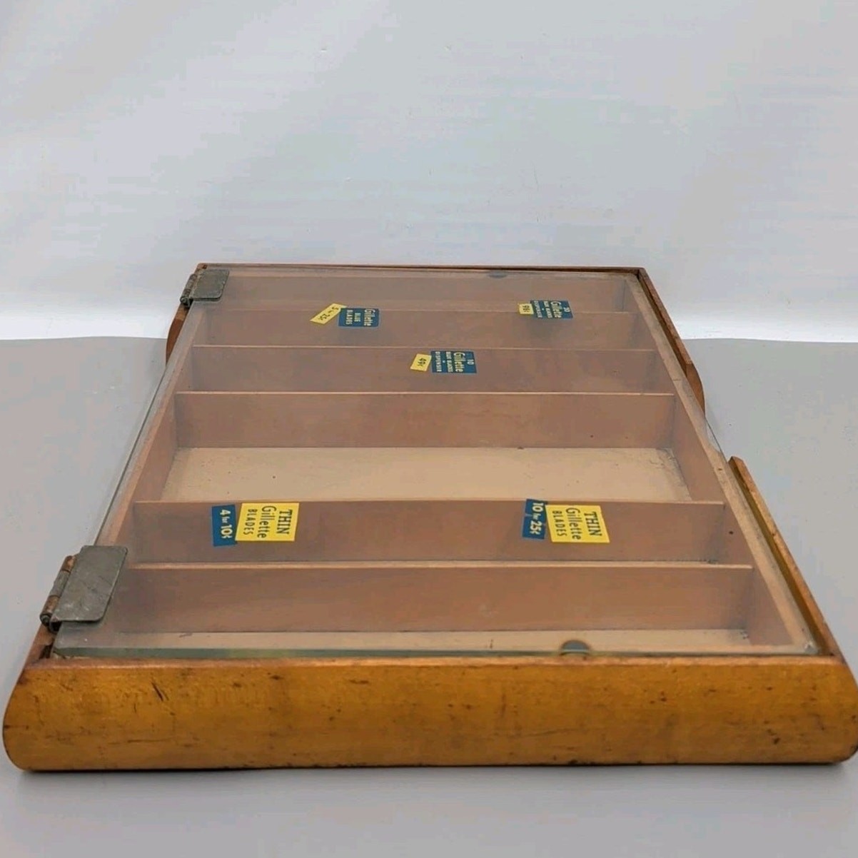 Gillette Razor Blades Wooden Store Counter Top Display Case Glass Top 1940’s