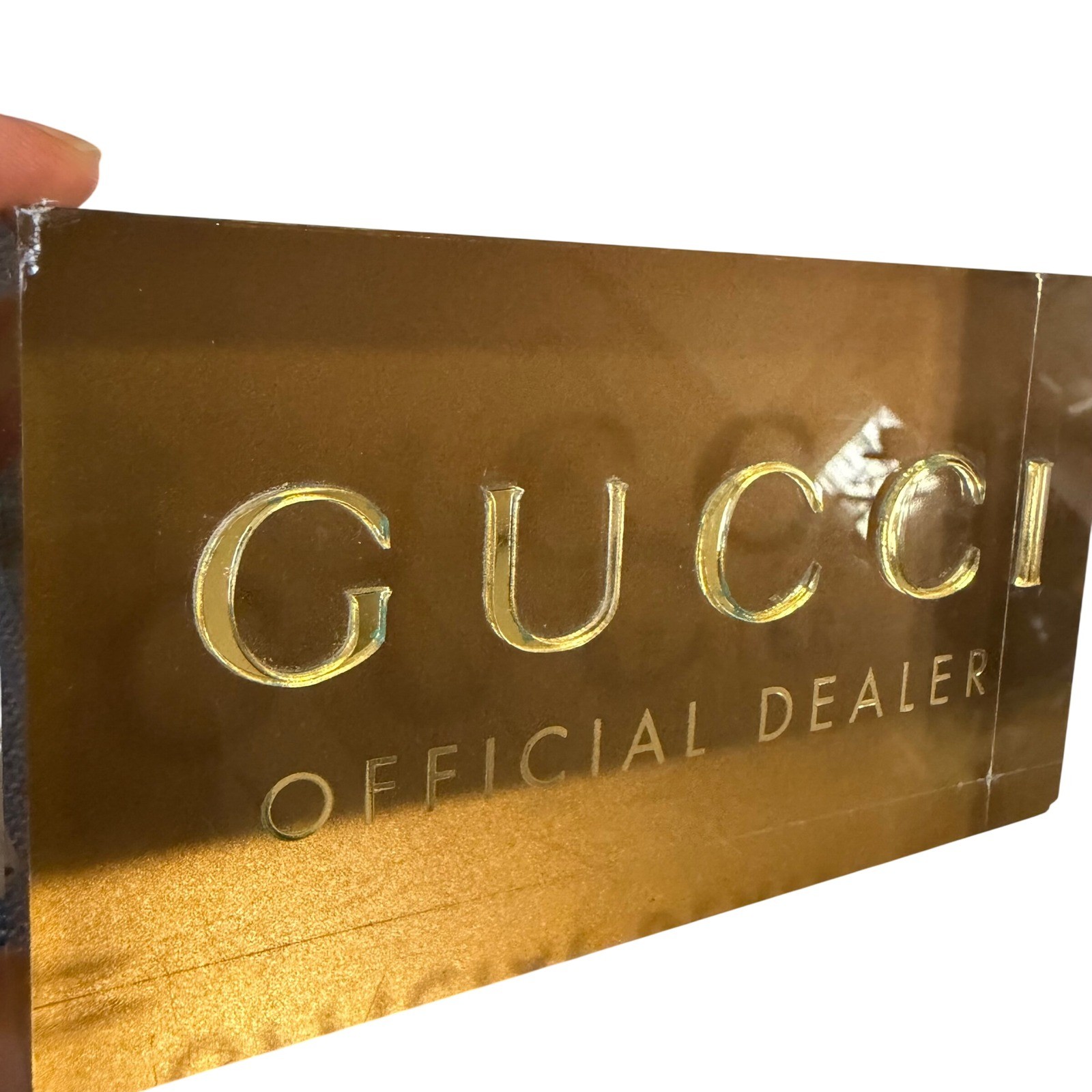Gucci Official Dealer Lucite Logo Sign Gold Acrylic Display Block Boutique Decor