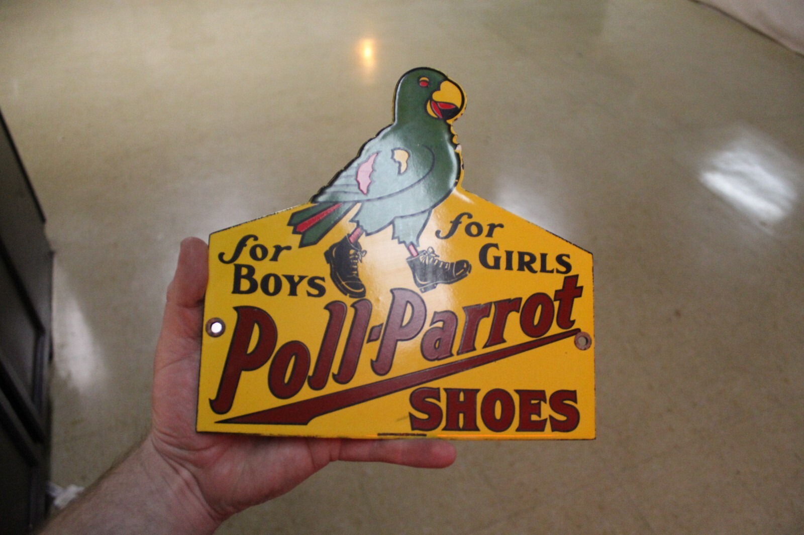 RARE POLL PARROT SHOES DEALER PORCELAIN METAL SIGN BOYS AND GIRLS BIRD ZOO GAS